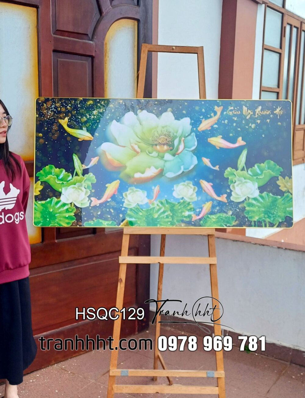 Tranh hoa sen cá chép cá koi hoa sen ngọc ngà tráng gương treo tường HSQC129