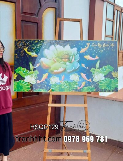 Tranh hoa sen cá chép cá koi hoa sen ngọc ngà tráng gương treo tường HSQC129