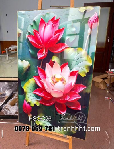 Khung tranh hoa sen, tranh sen tráng gương, Tranh hoa sen cá chép cát tường như y tráng gương treo tường HSQC26