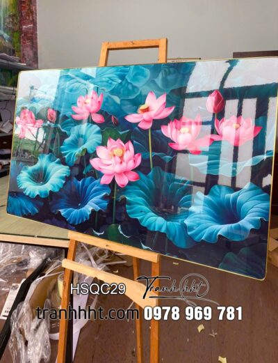 Khung tranh hoa sen decor, Tranh hoa sen cá chép nét đẹp vĩnh hằng tráng gương treo tường HSQC29