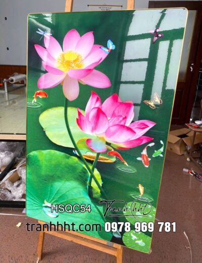 Tranh sen treo tường, Tranh hoa sen cá chép vẻ đẹp thuần khiết tráng gương treo tường HSQC32