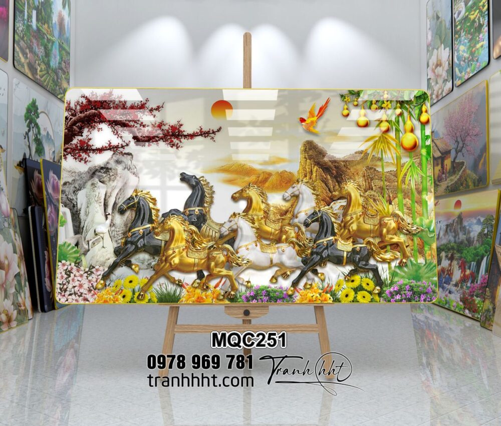 Tranh bát mã treo tường, tranh ngựa tài lộc, Tranh treo tường ngựa mã đáo thành công bát mã màu đồng ấn tượng tráng gương MQC251