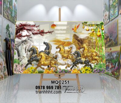 Tranh bát mã treo tường, tranh ngựa tài lộc, Tranh treo tường ngựa mã đáo thành công bát mã màu đồng ấn tượng tráng gương MQC251