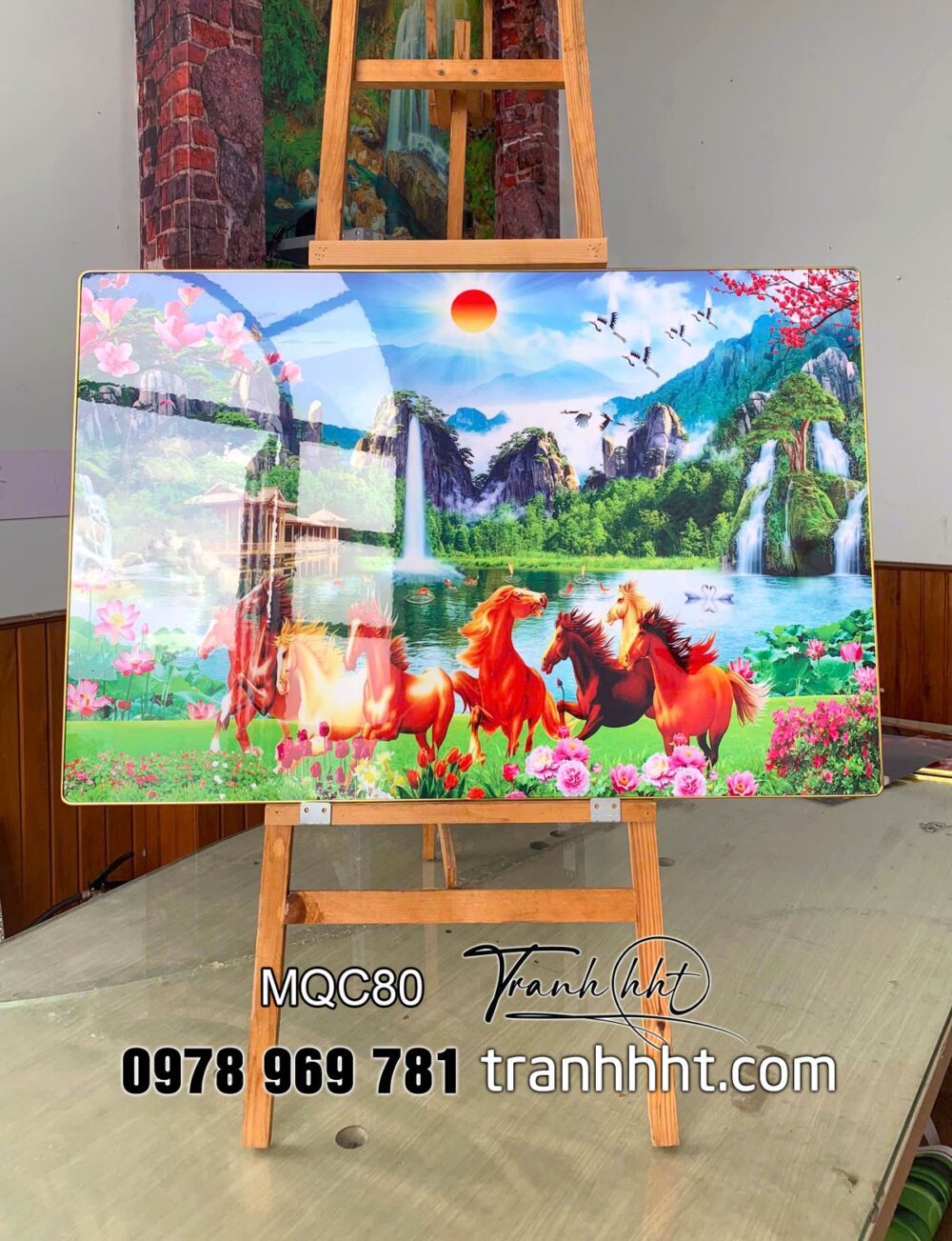 Tranh bát mã, tranh mã đáo thành công, tranh ngựa tráng gương, Tranh treo tường ngựa bát mã lộc mã càn khôn tráng gương MQC80
