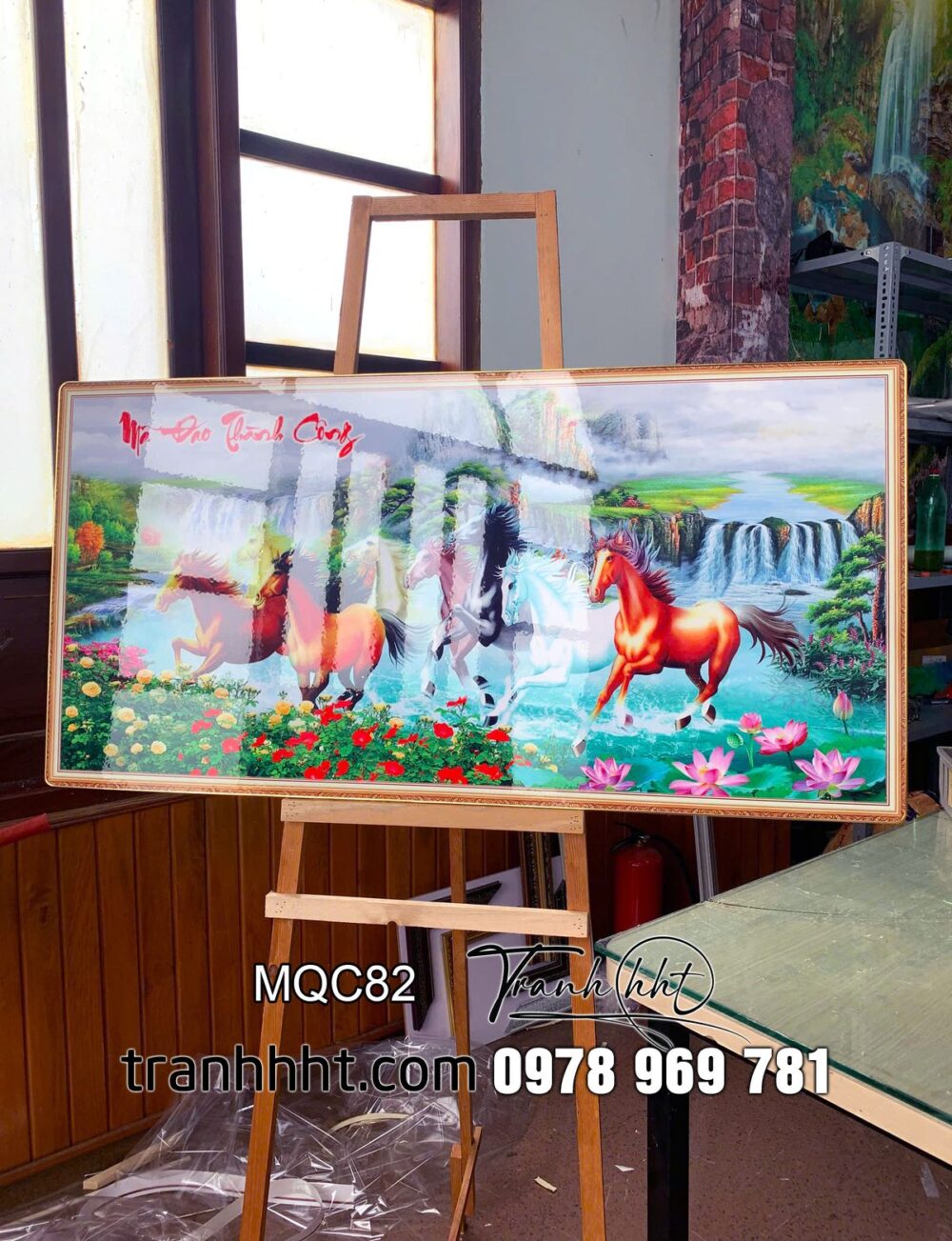 Tranh mã đáo thành công, tranh ngựa bát mã, tranh con ngựa treo tường, Tranh treo tường ngựa bát mã trúc lâm tráng gương MQC82