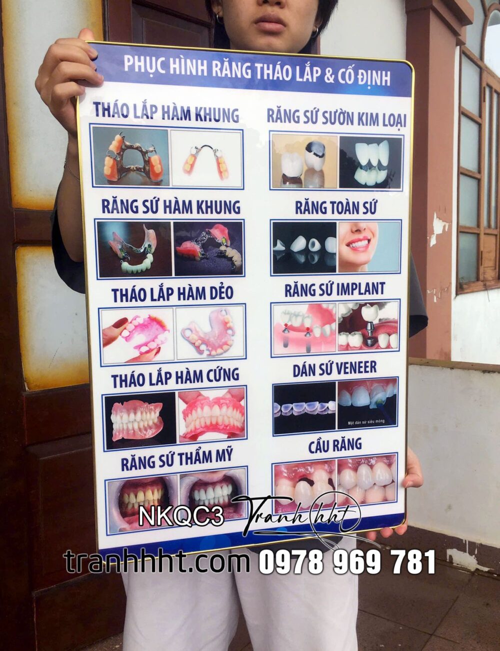 Tranh Nha treo tường, tranh phòng khám nha khoa, Tranh Nha Khoa phục hình răng tháo lắp & cố định tráng gương treo tường NKQC3