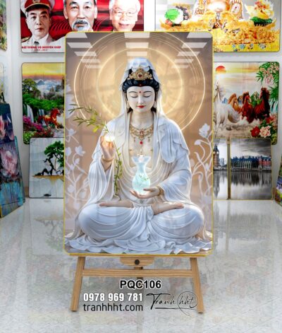 Tranh quan âm bồ tát, hình bồ tát treo tường, Tranh treo tường Phật giáo quan thế âm lá liễu tráng gương PQC106