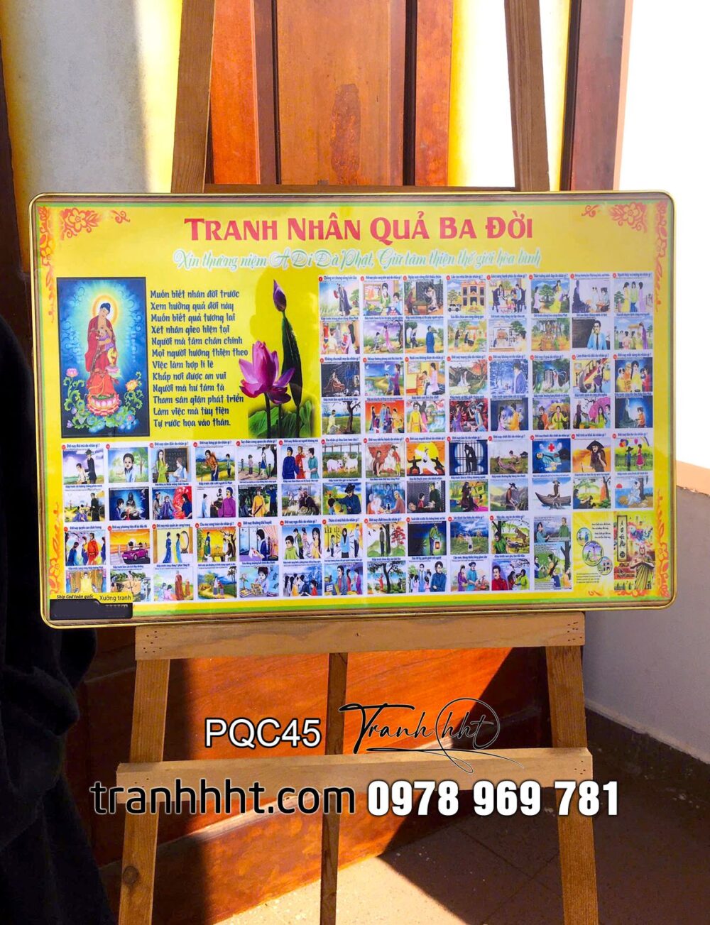 Khung tranh nhân quả 3 đời, tranh Phật treo tường, Tranh treo tường Phật giáo nhân quả ba đời tráng gương PQC45