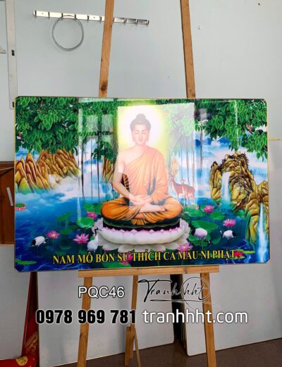 Tranh Phật treo tường, tranh cây bồ đề, Tranh treo tường Phật giáo A di đà thiền dưới gốc cây đa tráng gương PQC46