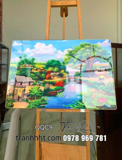 Tranh đồng quê treo tường, tranh lang quê tráng gương, Tranh làng quê đình cổ giữa làng quê thanh bình tráng gương treo tường QQC9