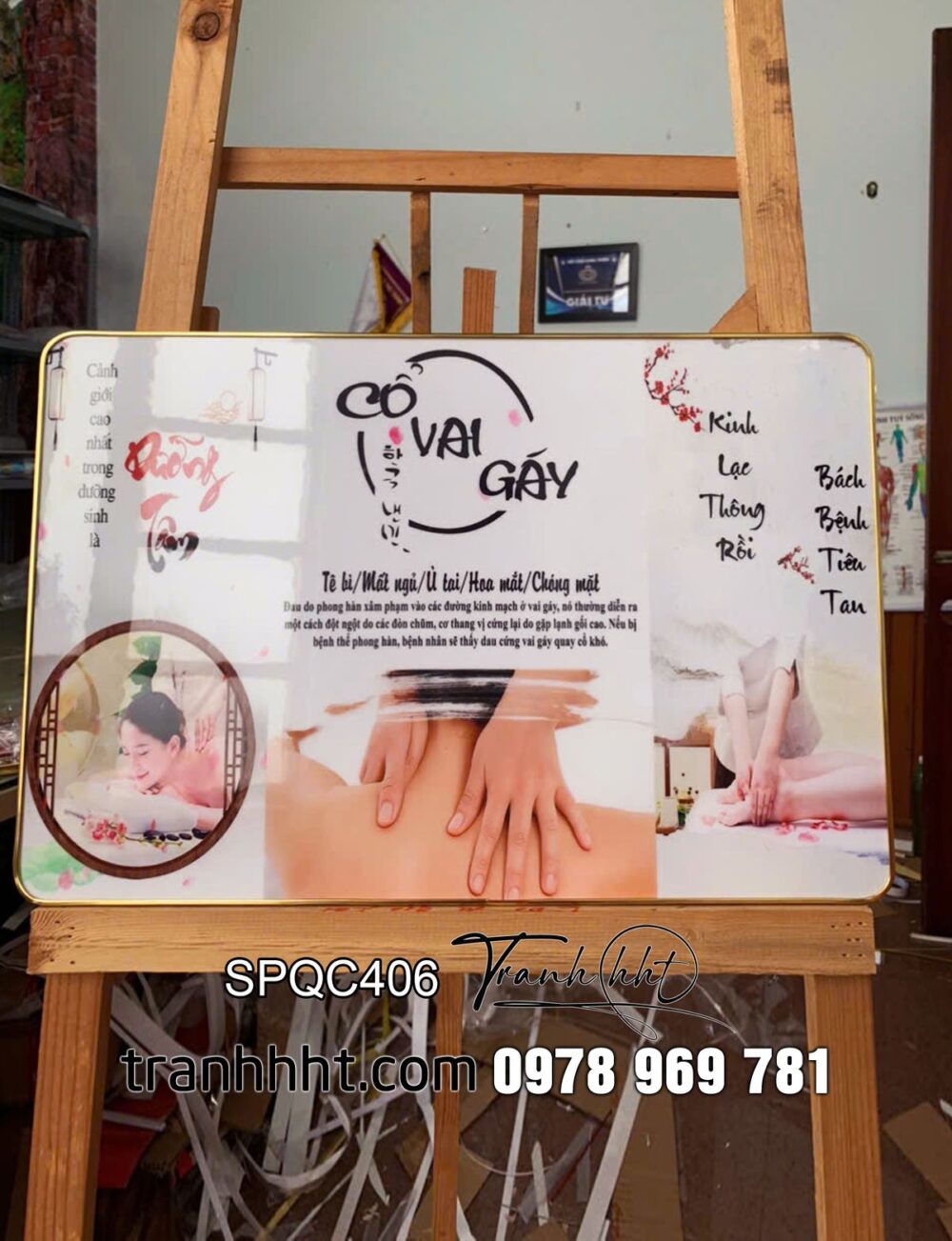 Tranh spa trị liệu đông y, Tranh Spa Dưỡng Sinh kinh lạc cổ vai gáy đông y tráng gương treo tường SPQC406