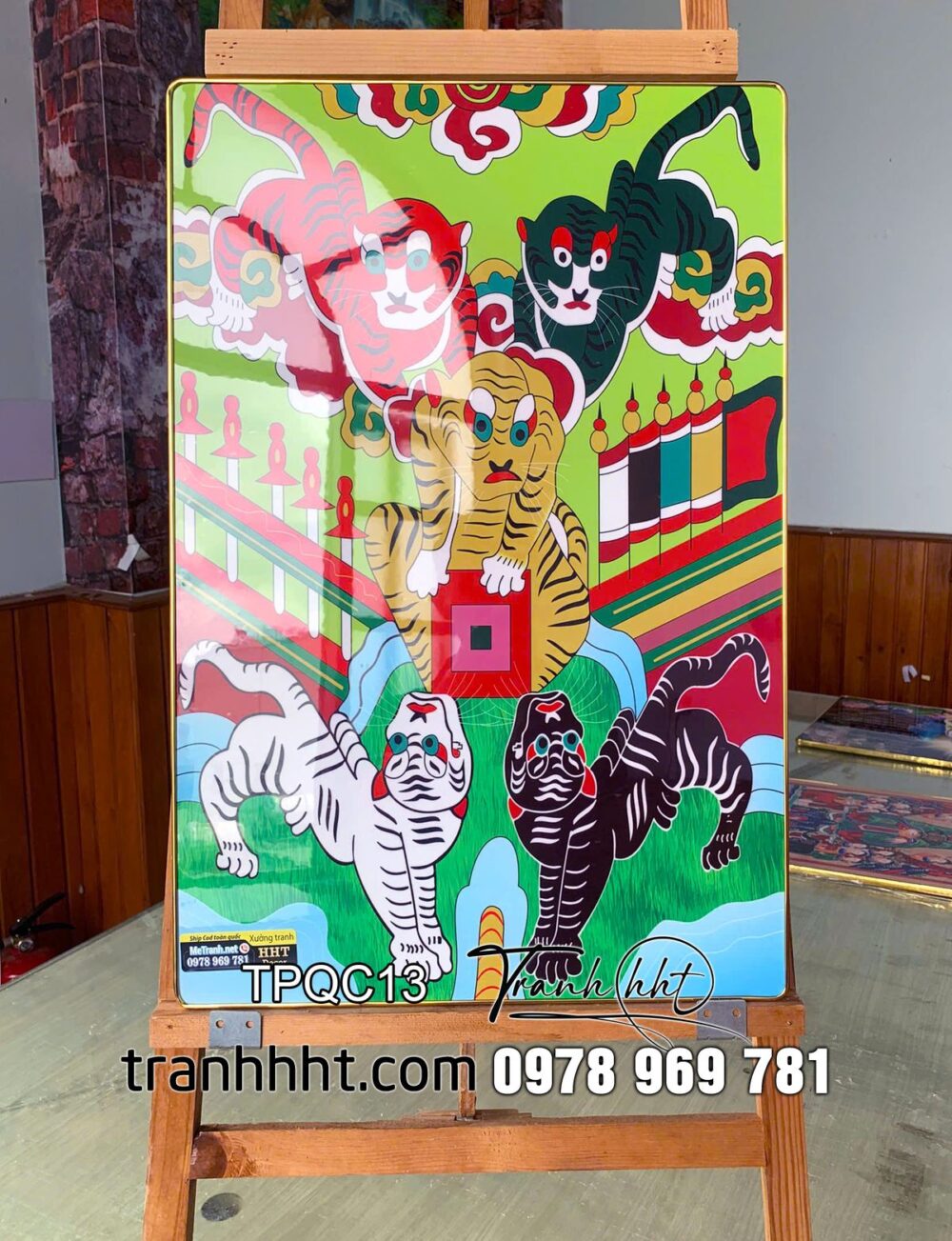 Tranh ngũ hổ, tranh 5 con hổ, tranh thần hổ, Tranh phòng thờ, bàn thờ tứ phủ công đồng, bà chúa xứ tráng gương treo tường TPQC13