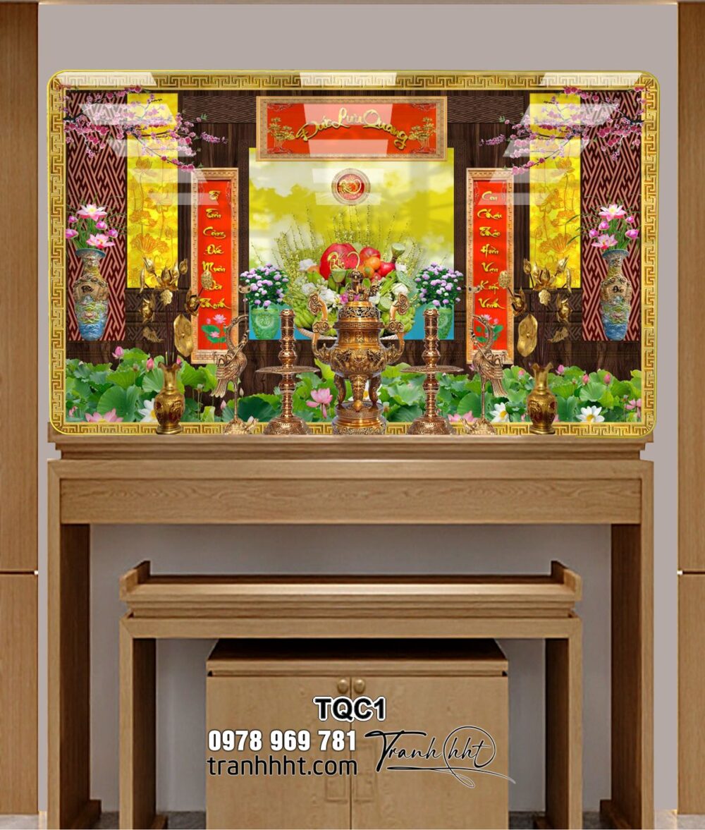 Tranh Tráng Gương treo phòng thờ tổ tiên ông bà, tranh Bàn Thờ, Tranh phòng thờ canvas, khung tranh phòng thờ canvas, tranh canvas treo phòng khách, tranh