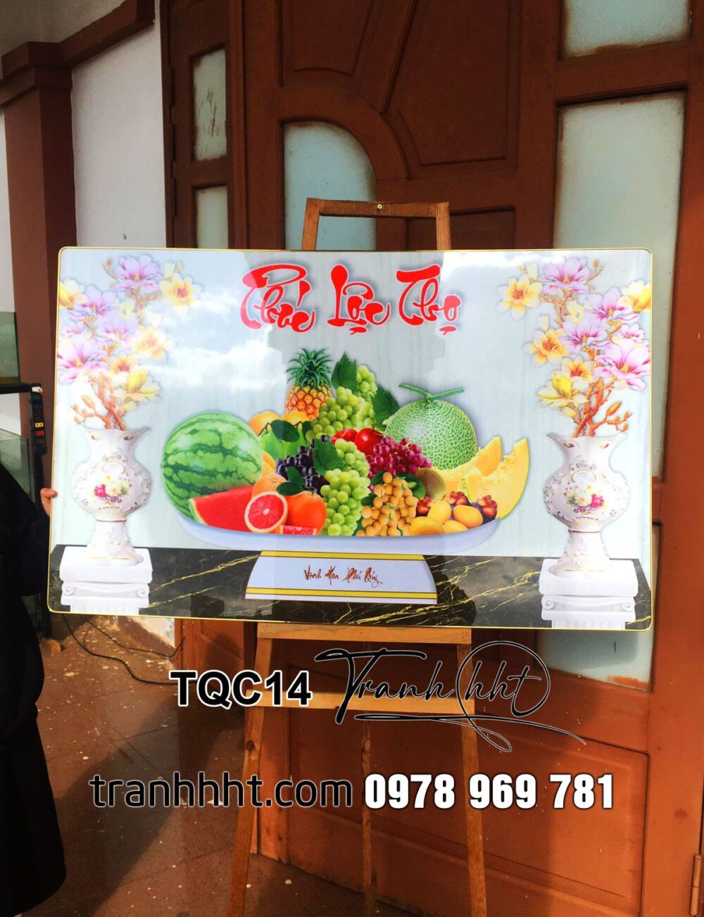 Khung tranh treo phòng thờ bàn thờ tủ thờ gia tiên, Tranh treo tường phòng thờ phúc lộc thọ tráng gương TQC14