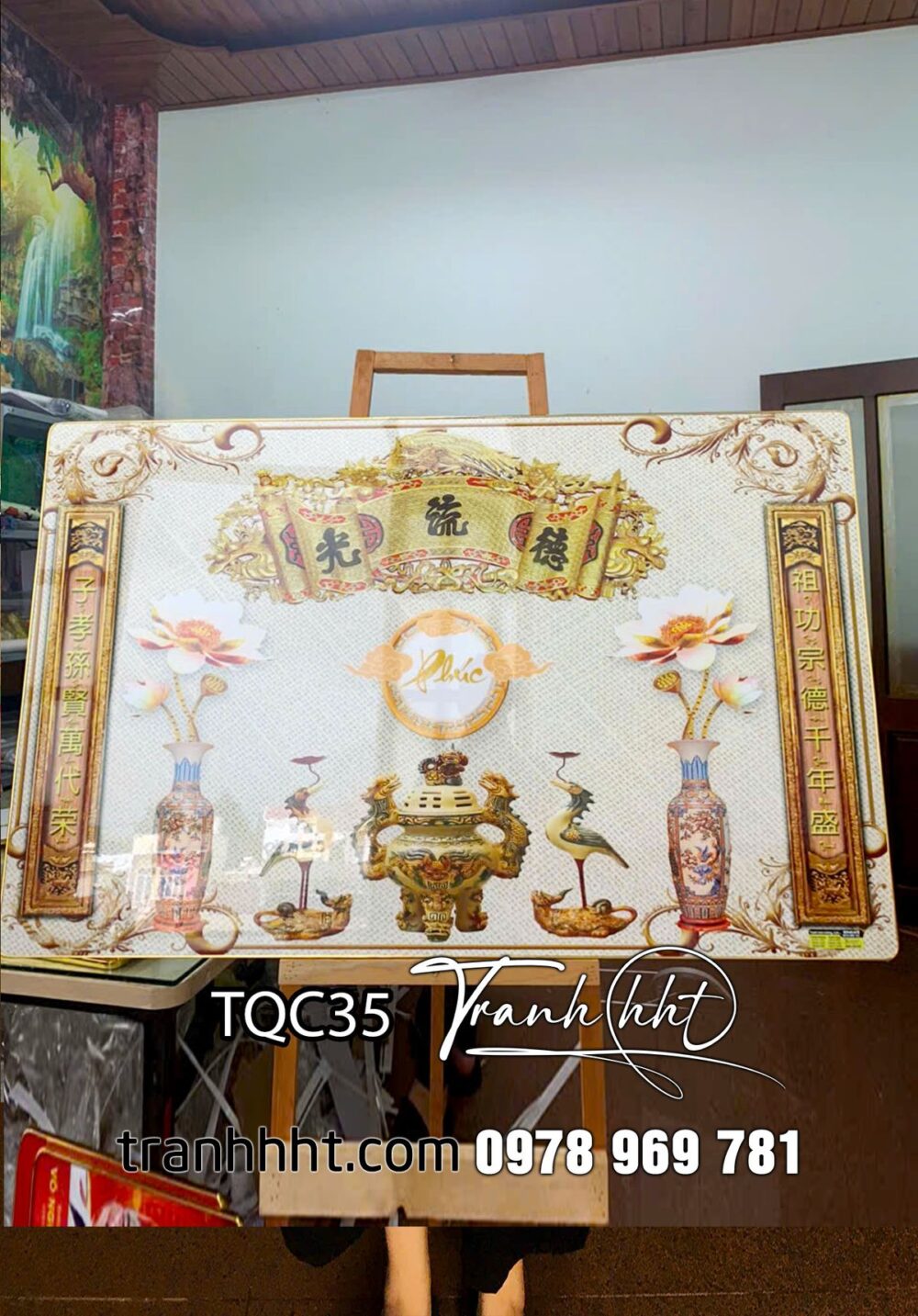 Khung tranh thờ, tranh bàn thờ, tranh tủ thờ, Tranh treo tường phòng thờ trúc chỉ gia tiên tráng gương TQC35