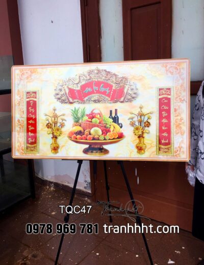 Tranh gia tiên treo tường, tranh trang trí bàn thờ, khung ảnh phòng thờ, Tranh treo tường phòng thờ ngũ quả đức lưu quang câu đối tráng gương TQC47