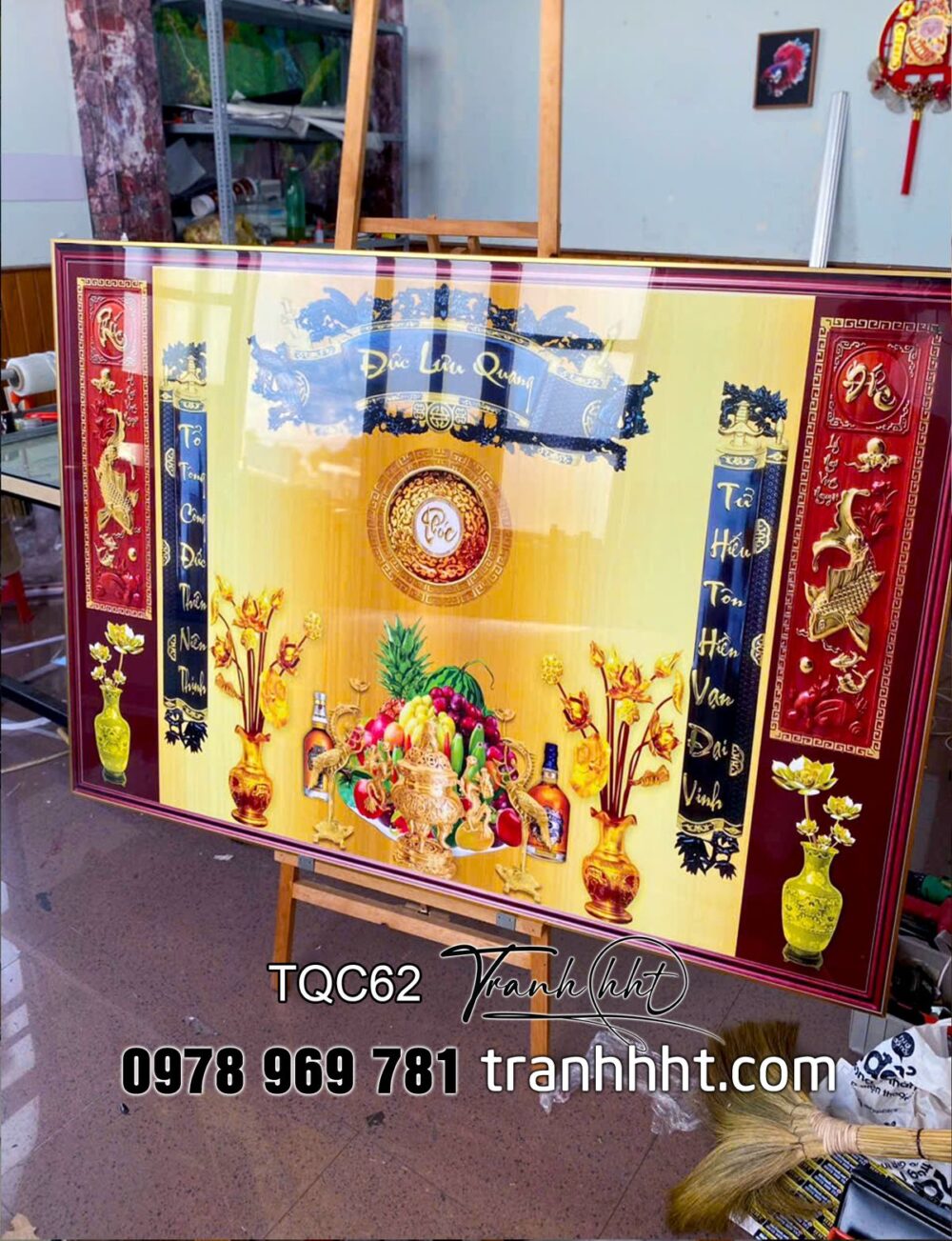 Tranh phòng thờ tráng gương, Hình tủ thờ, Tranh treo tường phòng thờ đức lưu quang tôn kính bề trên tráng gương TQC62