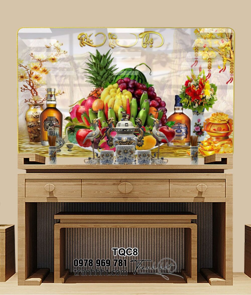 Tranh mâm ngũ quả, tranh phúc lộc thọ, tranh phòng thờ, Tranh treo tường phòng thờ tri ân tổ tiên tráng gương TQC8