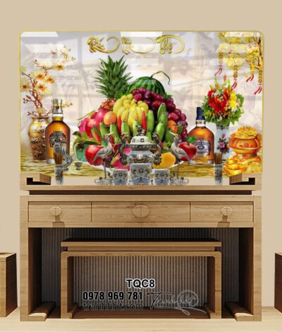 Tranh mâm ngũ quả, tranh phúc lộc thọ, tranh phòng thờ, Tranh treo tường phòng thờ tri ân tổ tiên tráng gương TQC8