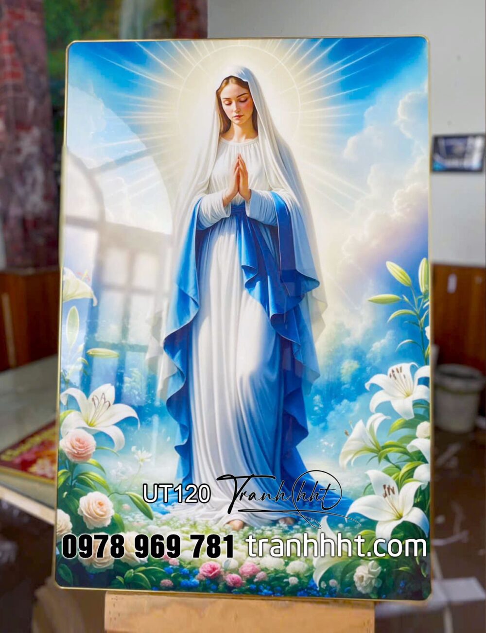 Tranh đức mẹ Maria, tranh công giáo Thiên Chúa Giê su jesus treo tường, Tranh Công giáo Đức mẹ Maria tráng gương UT120