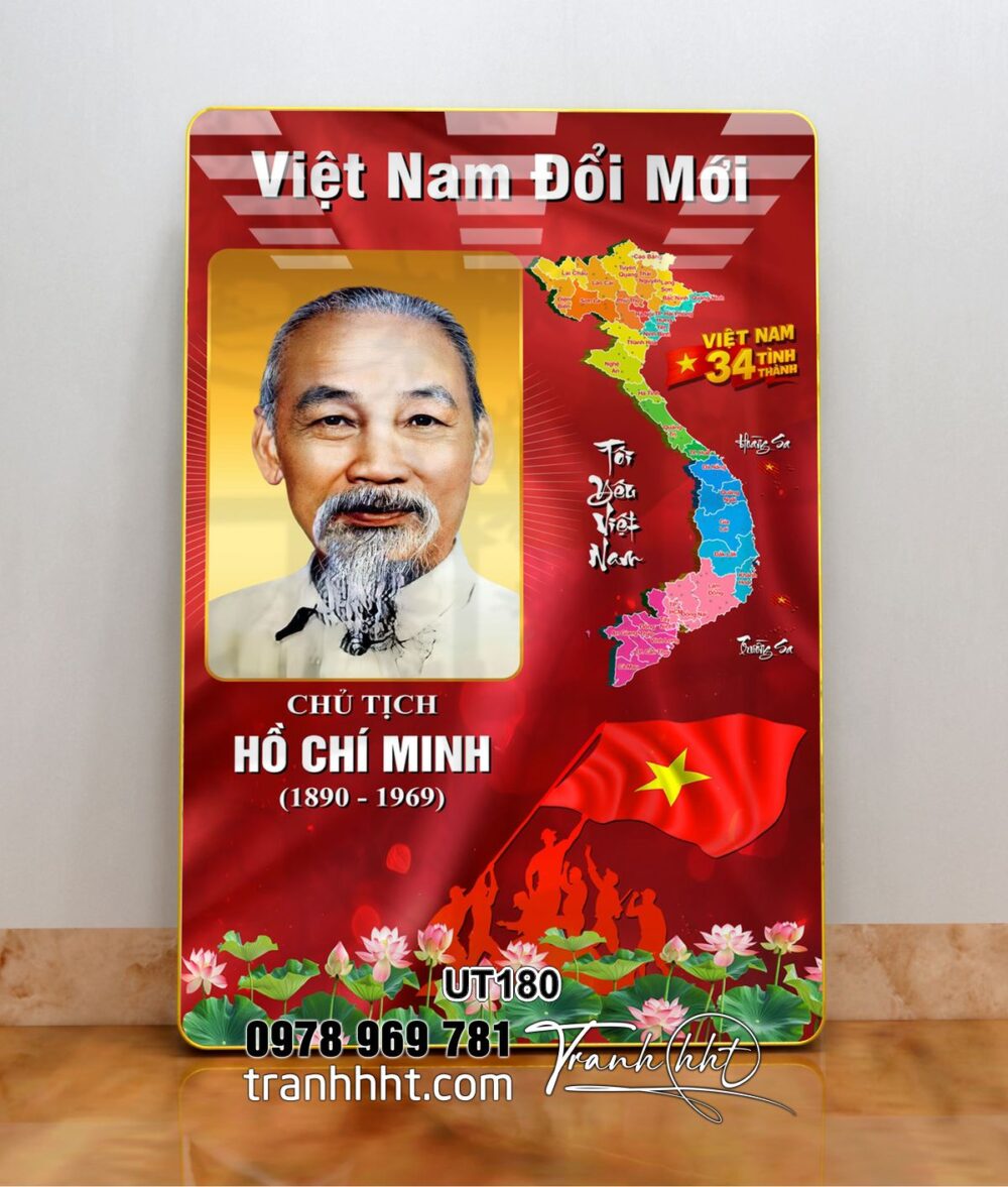 Khung tranh bác Hồ, Tranh Bác Hồ lãnh tụ vĩ đại việt nam, bản đồ việt nam, bản đồ 34 tỉnh UT180