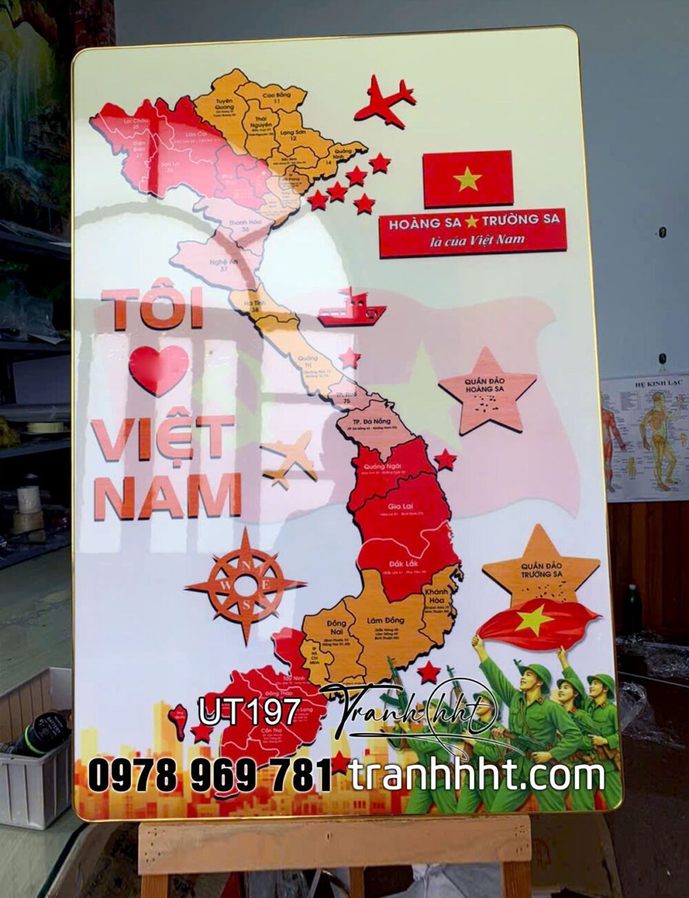 Tranh bản đồ việt nam, bản đồ Việt Nam 34 tỉnh, tranh Việt Nam Tôi yêu Việt Nam tráng gương UT197