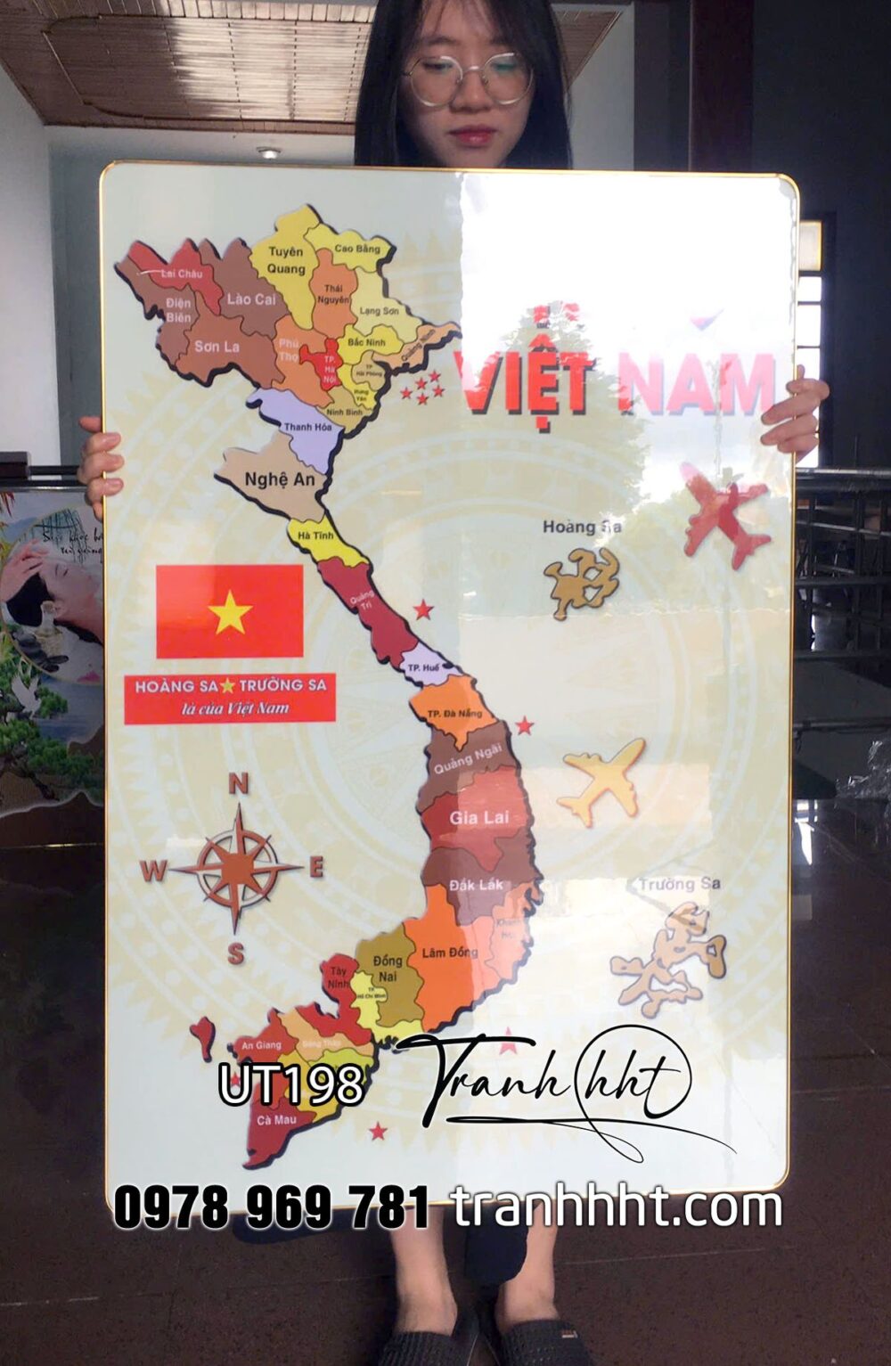Tranh bản đồ việt nam treo tường, bản đồ Việt Nam 34 tỉnh, tranh Việt Nam Tôi yêu Việt Nam tráng gương UT198
