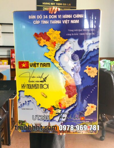 Khung Tranh bản đồ việt nam treo tường, tranh bản đồ 34 tỉnh, bản đồ hành chính việt nam, Khung ảnh bản đồ Việt Nam 34 tỉnh thành tráng gương UT235