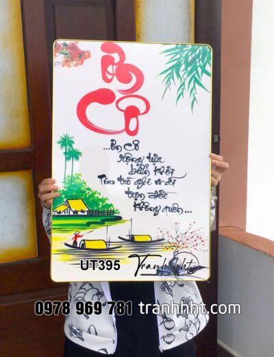 Tranh nhà giáo việt nam 20 tháng 11, tranh thư pháp tri ân cội nguồn, tranh chữ thư pháp dòng sông bên làng quê tráng gương treo tường UT395