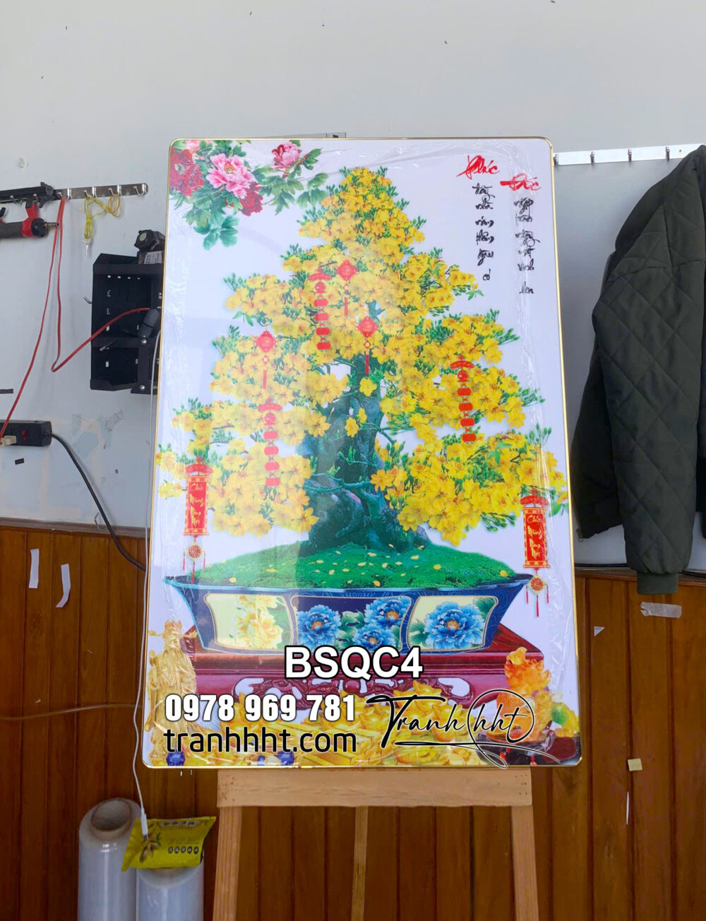 Tranh bonsai chậu mai vàng 3d tráng gương treo tường, tranh tráng gương treo tường, Tranh Bonsai Tết mai vàng phú quý tráng gương treo tường BSQC4