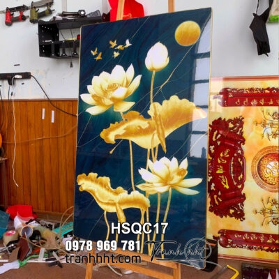 Tranh hoa sen 3d trang trí tường, Tranh hoa sen cá chép lộc phát an khang tráng gương treo tường HSQC17
