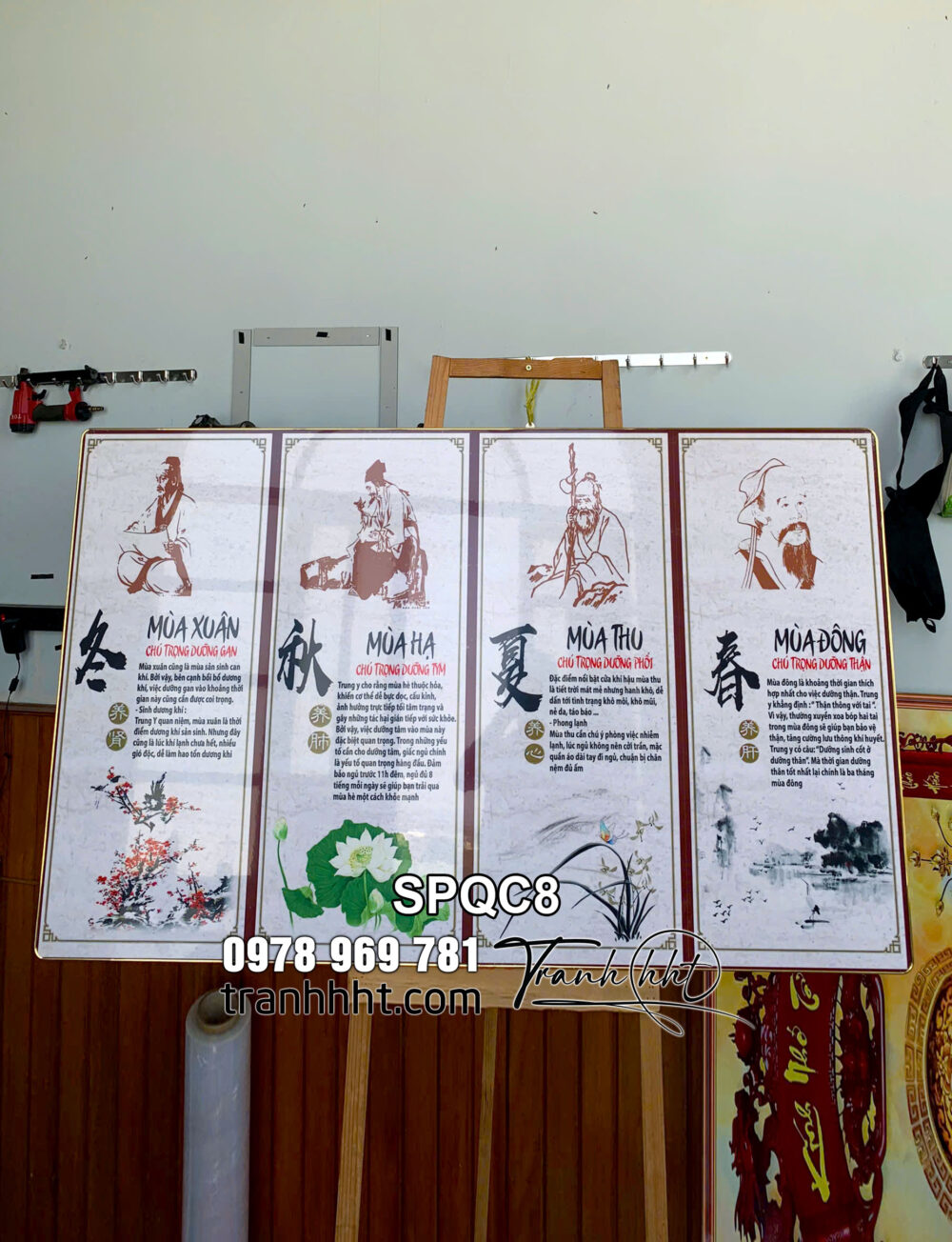 Tranh đông y xuân hạ thu đông, Tranh Spa dưỡng sinh đông y dưỡng từng bộ phận theo mùa tráng gương treo tường SPQC8