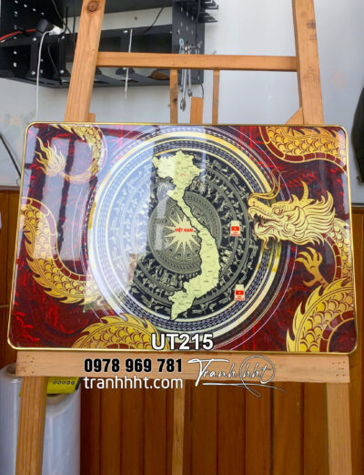 Tranh trống đồng Việt Nam treo tường, tranh văn hoá việt nam treo tường, Tranh treo tường bản đồ Việt Nam hoa văn trống đồng Đông Sơn tráng gương UT215