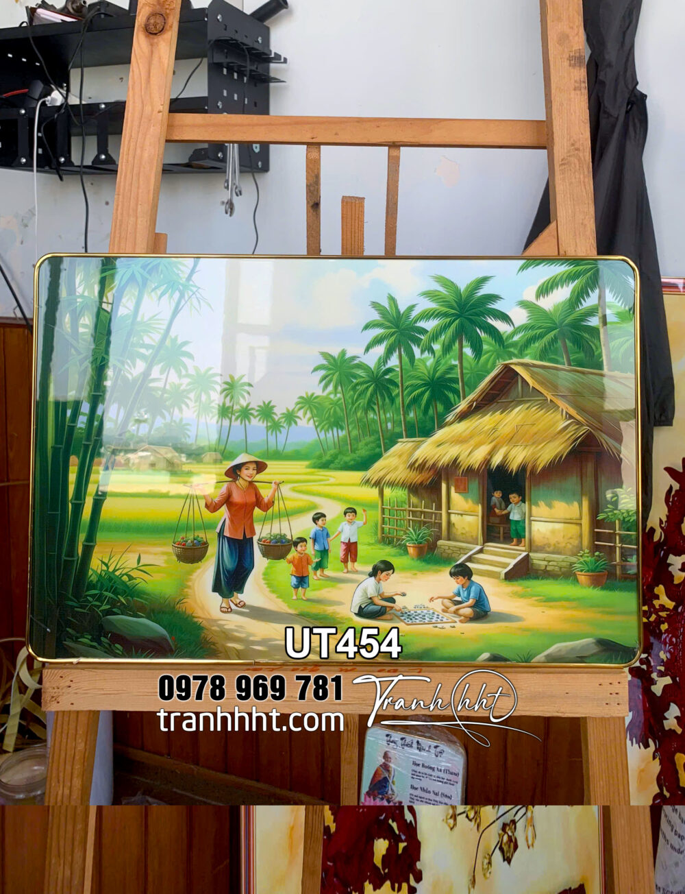 Tranh làng quê việt nam treo tường, tranh sơn dầu đồng quê 3d tráng gương treo tường, tranh đồng quê, tranh quê hương ruộng lúa chín sinh hoạt thường ngày tráng gương treo tường UT454