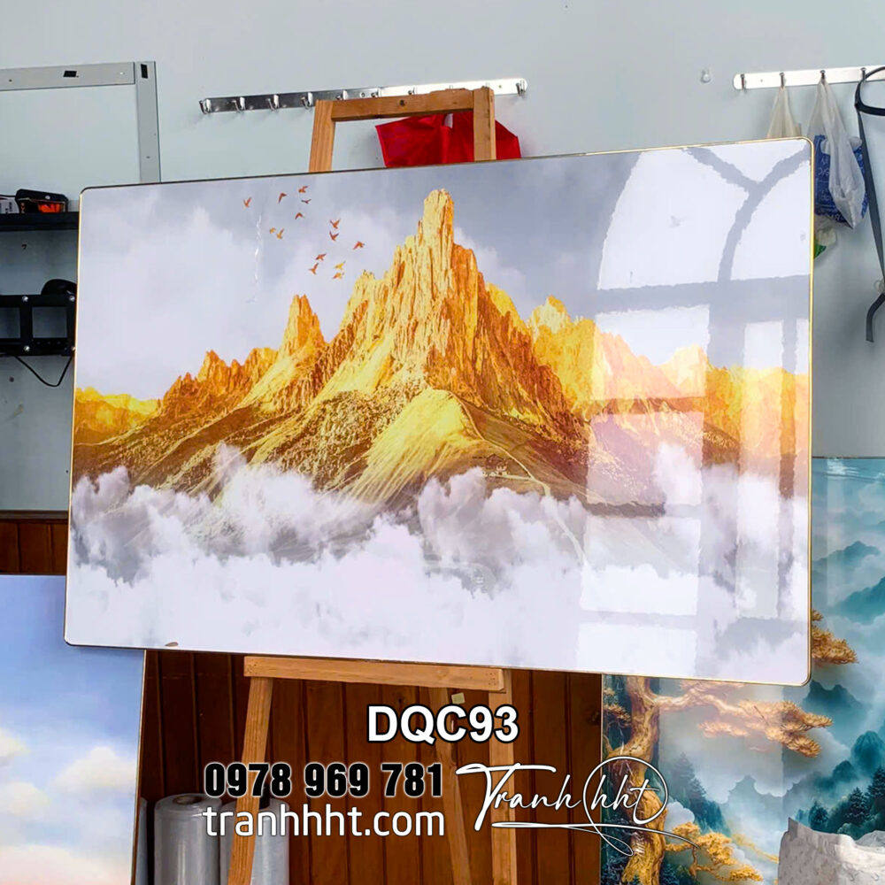 Tranh Decor hiện đại núi non hữu tình phong thủy tráng gương treo tường, Khung ảnh tráng gương treo tường decor DQC93