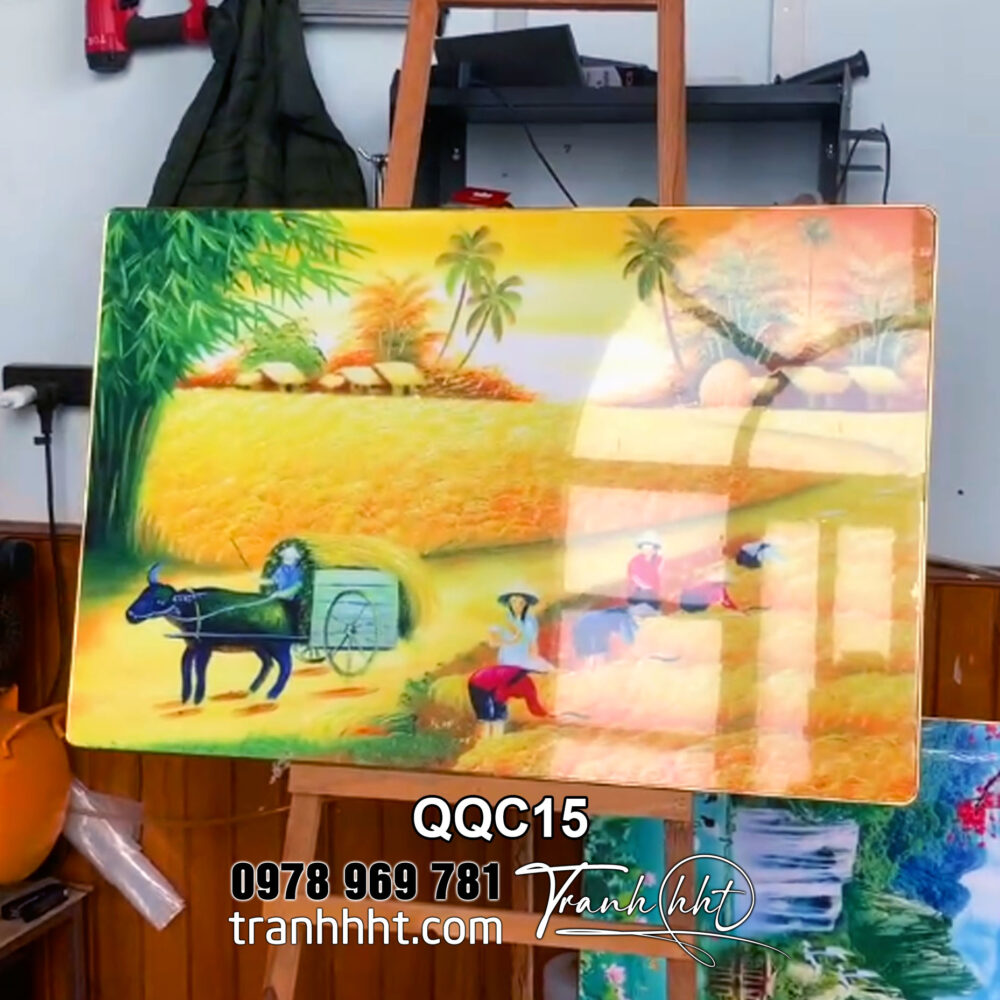 Tranh làng quê trang trí, tranh quê hương decor, tranh đồng quê dân làng cày lúa trên ruộng tráng gương treo tường QQC15