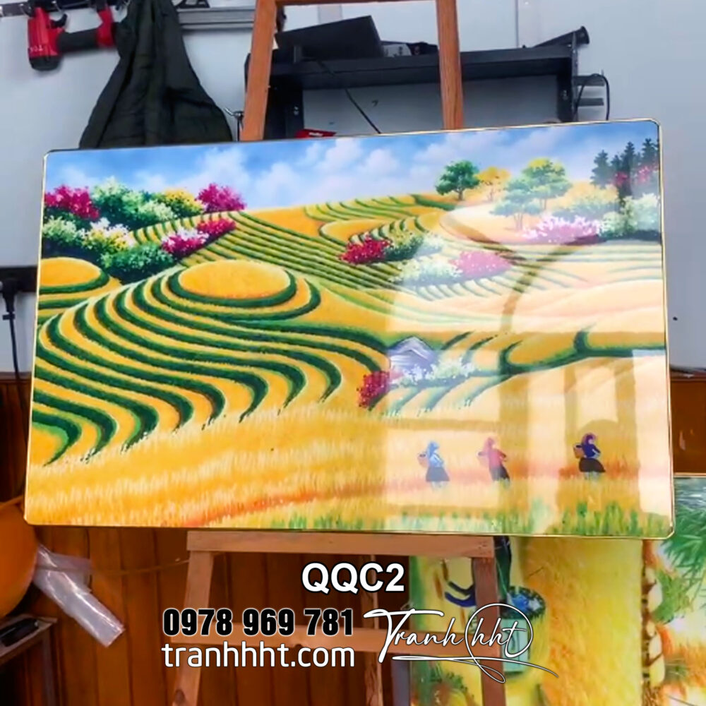 Tranh làng quê trang trường, tranh quê hương treo tường, tranh đồng quê mùa lúa vàng quê tôi tráng gương treo tường QQC2