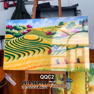 Tranh làng quê trang trường, tranh quê hương treo tường, tranh đồng quê mùa lúa vàng quê tôi tráng gương treo tường QQC2