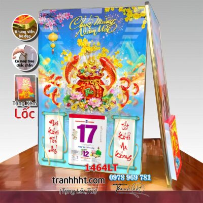 Lịch cá chép tài lộc treo tường lốc lịch cá chép hoa sen chim công phú quý tài lộc tráng gương 1464LT