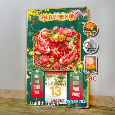 Lịch cá chép tài lộc treo tường lốc lịch cá chép hoa sen chim công phú quý tài lộc tráng gương 1467LT