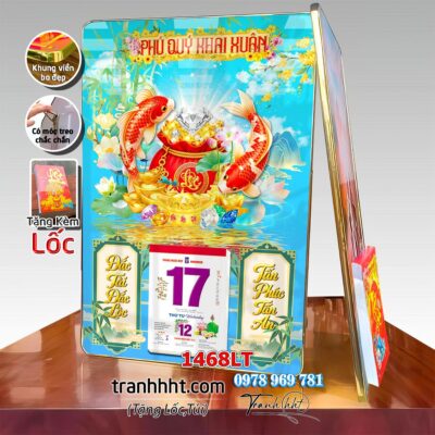Lịch cá chép tài lộc treo tường lốc lịch cá chép hoa sen chim công phú quý tài lộc tráng gương 1468LT