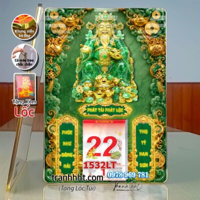 Lịch tài lộc thần tài di lặc kim tiền phúc lộc thọ mai đào tết lịch tráng gương laminate năm mới treo tường 1532LT