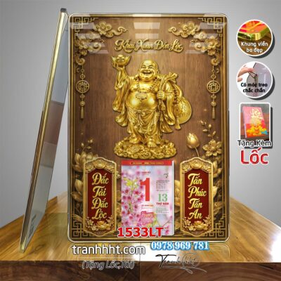 Lịch tài lộc thần tài di lặc kim tiền phúc lộc thọ mai đào tết lịch tráng gương laminate năm mới treo tường 1533LT