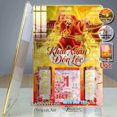 Lịch tài lộc thần tài di lặc kim tiền phúc lộc thọ mai đào tết lịch tráng gương laminate năm mới treo tường 1536LT