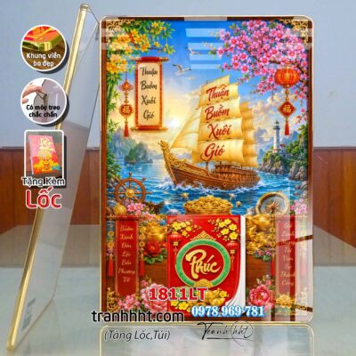 Lịch thuận buồm xuôi gió phú quý phong thủy treo tường lịch tết thuyền vàng laminate tráng gương treo tường 1811LT