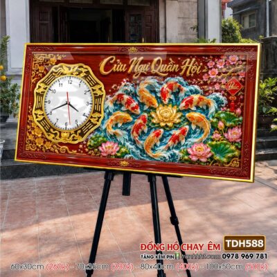 Tranh đồng hồ hoa sen cá chép treo tường TDH588