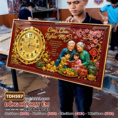 Tranh đồng hồ tráng gương tri ân cha mẹ thầy cô gia đình thư pháp TDH597