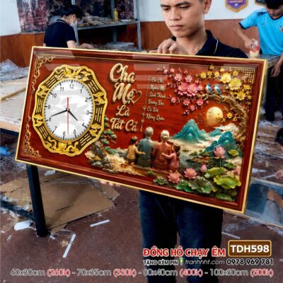 Tranh đồng hồ tráng gương tri ân cha mẹ thầy cô gia đình thư pháp TDH598