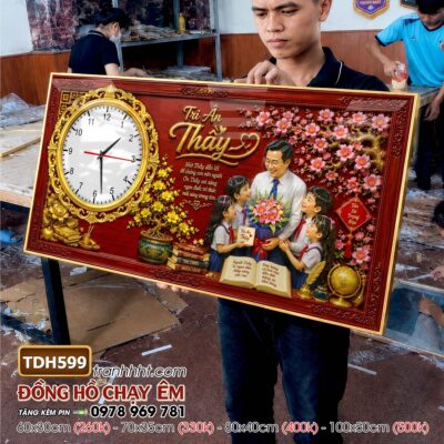 Tranh đồng hồ tráng gương tri ân cha mẹ thầy cô gia đình thư pháp TDH599