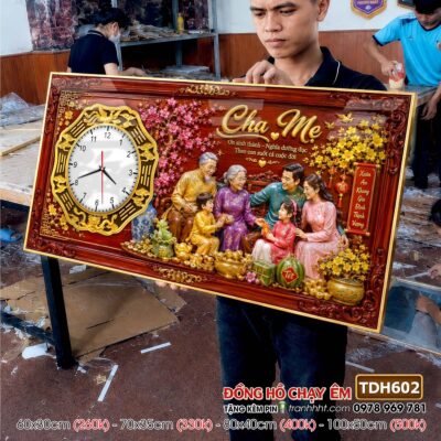 Tranh đồng hồ tráng gương tri ân cha mẹ thầy cô gia đình thư pháp TDH602